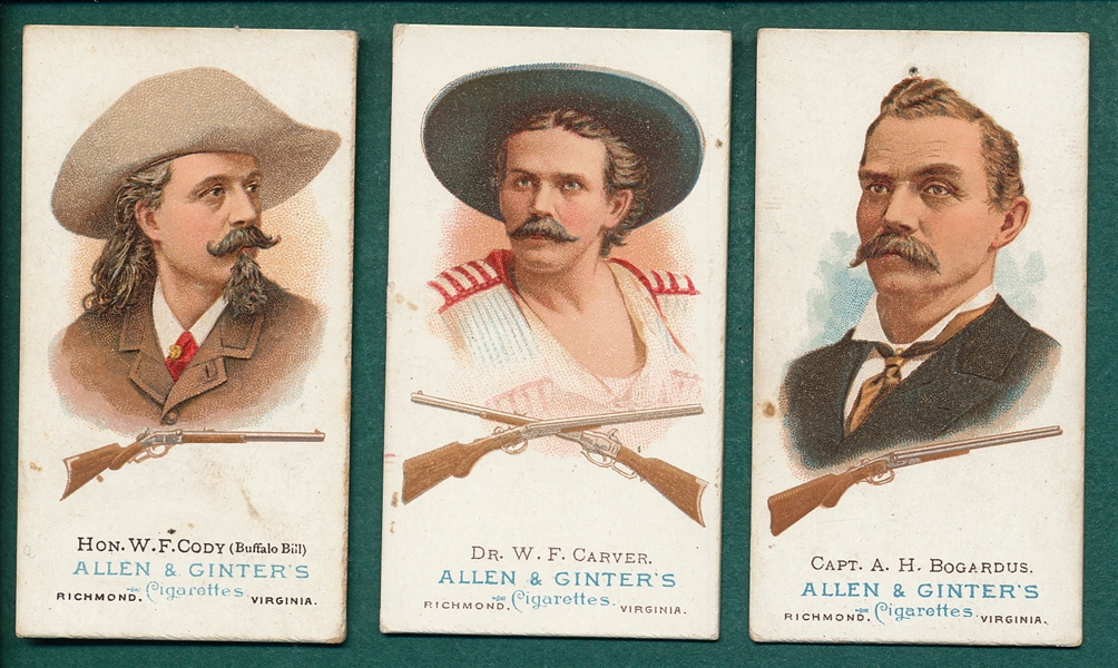 1887 N28 Bogardus, Carver & Buffalo Bill Cody, (3) Card Lot, Allen & Ginter Cigarettes 