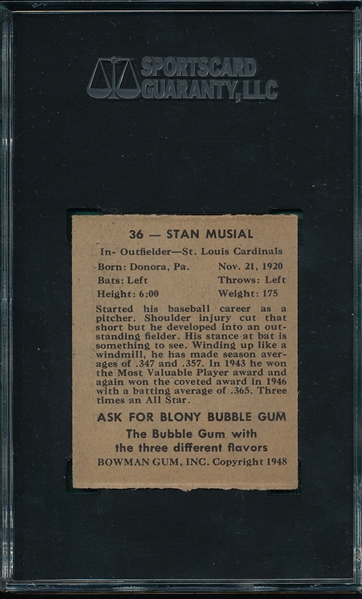 1948 Bowman #36 Stan Musial SGC 60 *Rookie* *Part of Set Break*