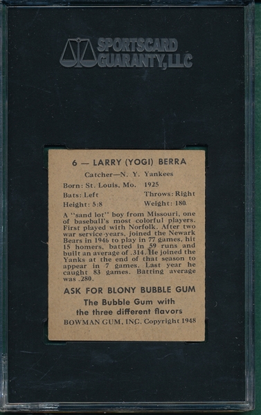 1948 Bowman #6 Yogi Berra SGC 80 *Rookie* *Part of Set Break*