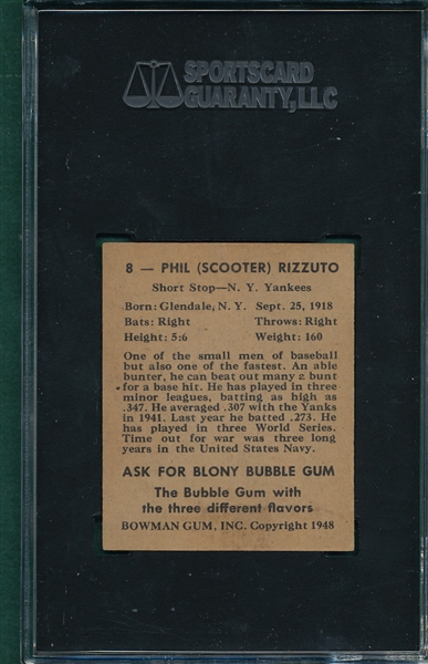 1948 Bowman #8 Phil Rizzuto SGC 70 *Rookie* *SP