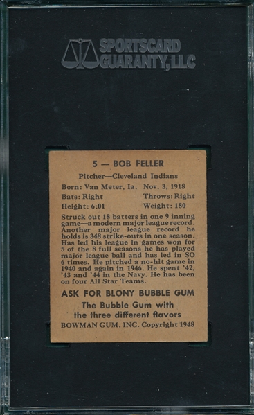 1948 Bowman #5 Bob Feller SGC 50 