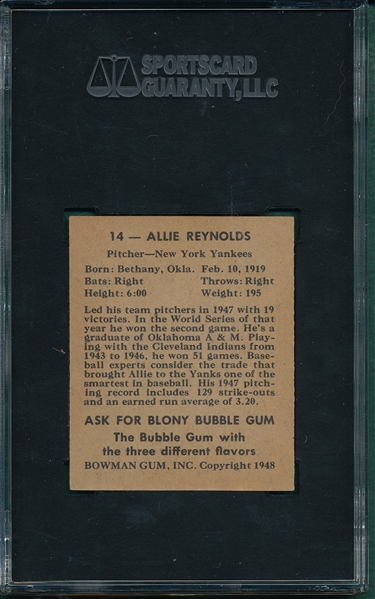 1948 Bowman #14 Allie Reynolds SGC 84 *Rookie*