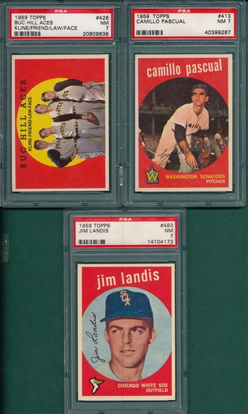 1959 Topps #413 Pascual, #428 Buc Hill Aces 7 #493 Landis Lot of (3) PSA 7