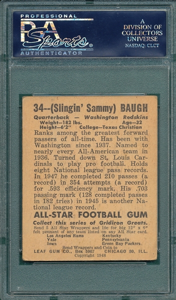 1948 Leaf FB #34 Sammy Baugh PSA 4 *Rookie*