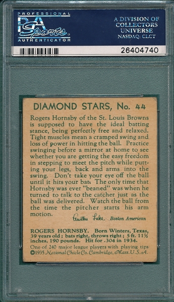 1934-36 Diamond Stars #44 Rogers Hornsby PSA 4