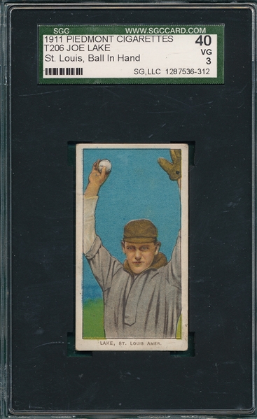 1909-1911 T206 Lake, Ball in Hand, Piedmont Cigarettes SGC 40