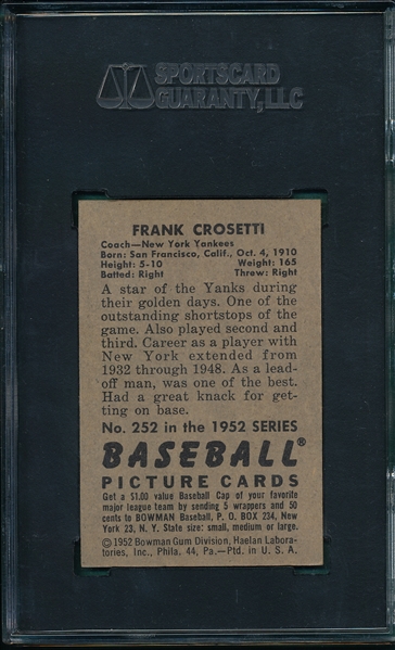 1952 Bowman #252 Frank Crosetti SGC 84 *Hi #*