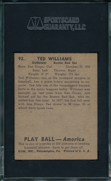 1939 Play Ball #92 Ted Williams SGC 40