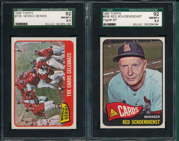 1965 Topps #139 WS Cards Celebrate & #556 Schoendienst, *SP* *High #* (2) Card Lot SGC 92