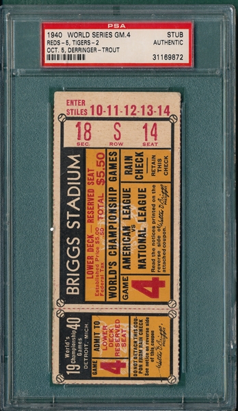 1940 WS Game 4 Reds vs Tigers, Ticket Stub, PSA Authentic