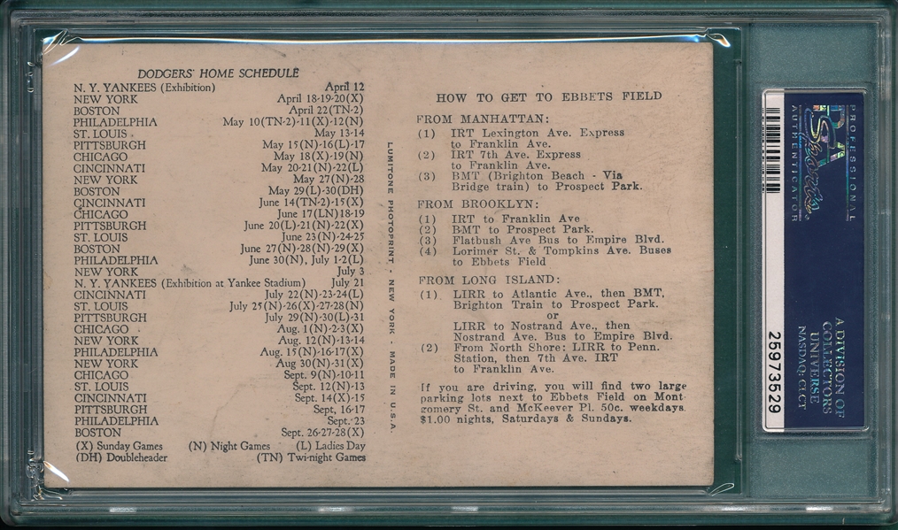 1952 Brooklyn Dodgers Schedule Cards Gil Hodges PSA 3