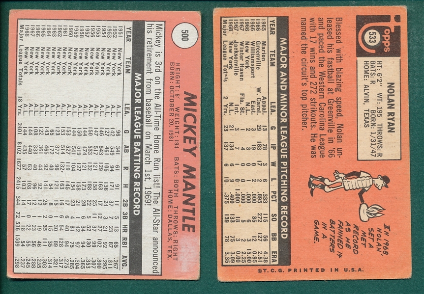 1969 Topps #500 Mantle & #533 Ryan, (2) Card Lot