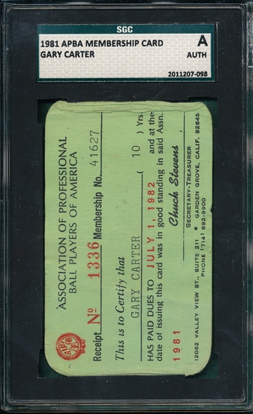 1981 APBA Gary Carter Membership Card SGC Authentic 