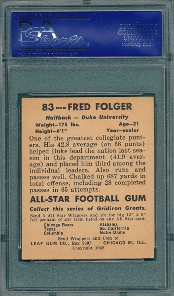 1948 Leaf FB #83 Fred Folger, Grey Jersey, PSA 6