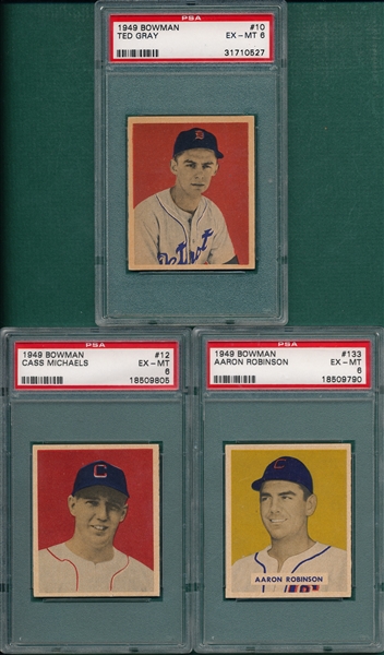 1949 Bowman #10 Gray, #12 Michaels & #133 Robinson, Lot of (3) PSA 6