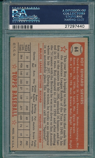 1952 Topps #64 Roy Sievers, Red, PSA 7