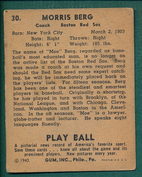 1940 Play Ball #30 Morris Moe Berg