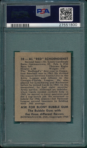 1948 Bowman #38 Red Schoendienst PSA 4 *Rookie*