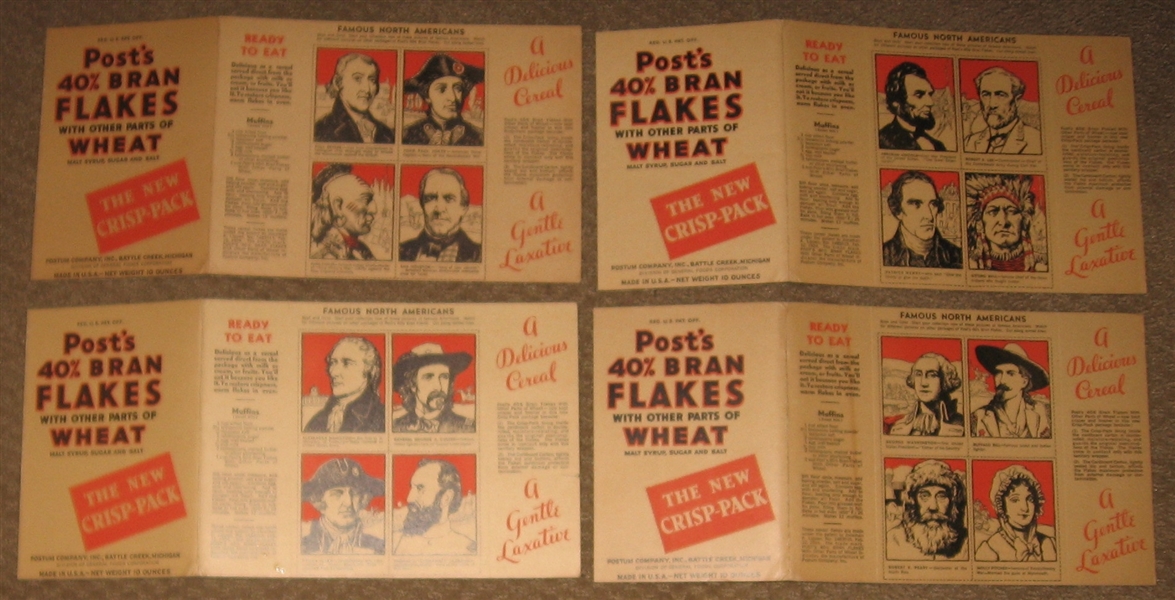1930 Post Cereal Famous Americans Box Panels (4) W/ Lincoln & Washington
