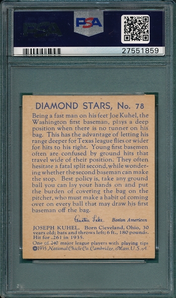 1934-36 Diamond Stars #78 Joe Kuhel PSA 5