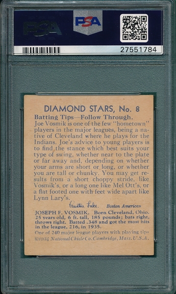 1934-36 Diamond Stars #8 Joe Vosmik PSA 5
