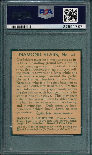 1934-36 Diamond Stars #41 Harvey Hendick PSA 5