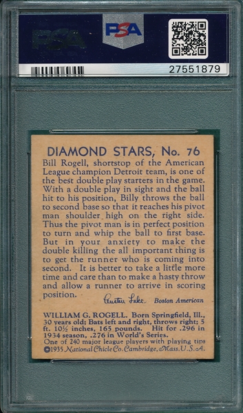 1934-36 Diamond Stars #76 Bill Rogell PSA 6