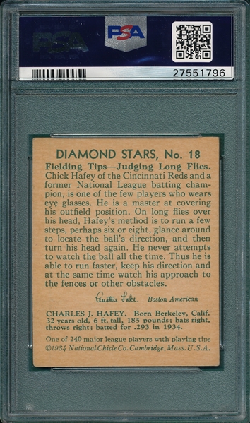 1934-36 Diamond Stars #18 Chick Hafey PSA 4