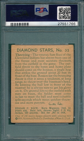 1934-36 Diamond Stars #32 Sam Rice PSA 4
