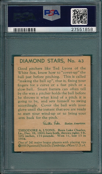 1934-36 Diamond Stars #43 Ted Lyons PSA 5