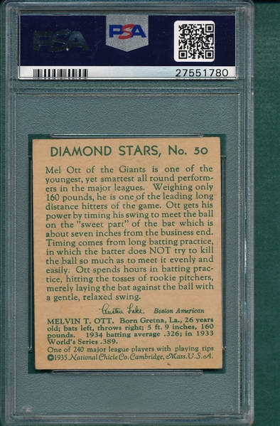 1934-36 Diamond Stars #50 Mel Ott PSA 4.5