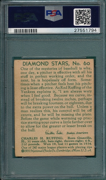 1934-36 Diamond Stars #60 Red Ruffing PSA 5