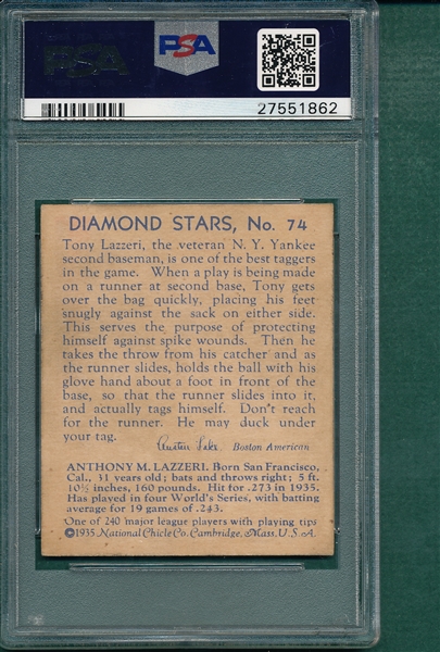 1934-36 Diamond Stars #74 Tony Lazzeri PSA 5