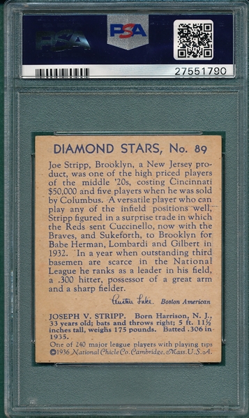 1934-36 Diamond Stars #89 Joe Stripp PSA 6 *SP*