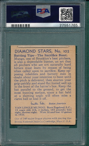 1934-36 Diamond Stars #102 Van Mungo PSA 4 *SP*