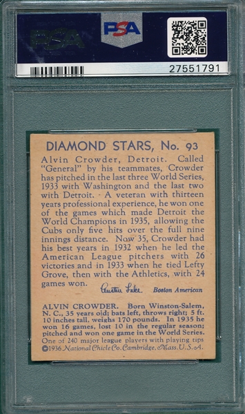 1934-36 Diamond Stars #93 Alvin Crowder PSA 5 *SP*