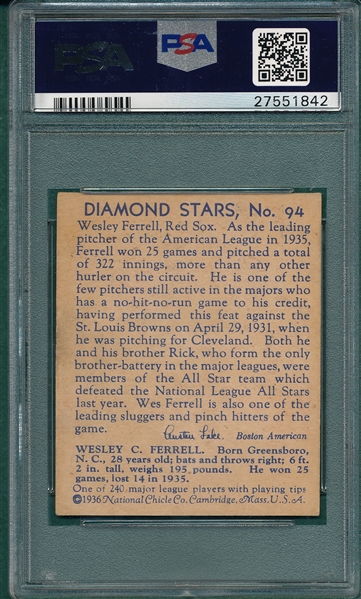 1934-36 Diamond Stars #94 Wes Ferrell PSA 5 *SP*