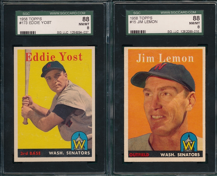 1958 Topps #15 Lemon & #173 Yost, Lot of (2) SGC 88