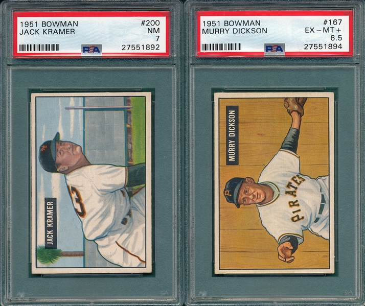 1951 Bowman #167 Dickson PSA 6.5 & #200 Kramer PSA 7, Lot of (2) 