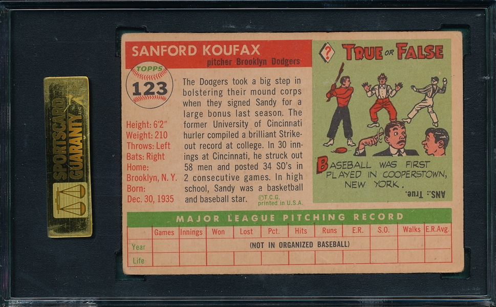 1955 Topps #123 Sandy Koufax SGC 50 *Rookie*