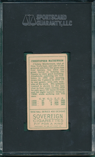 1911 T205 Christy Mathewson Sovereign Cigarettes SGC 50