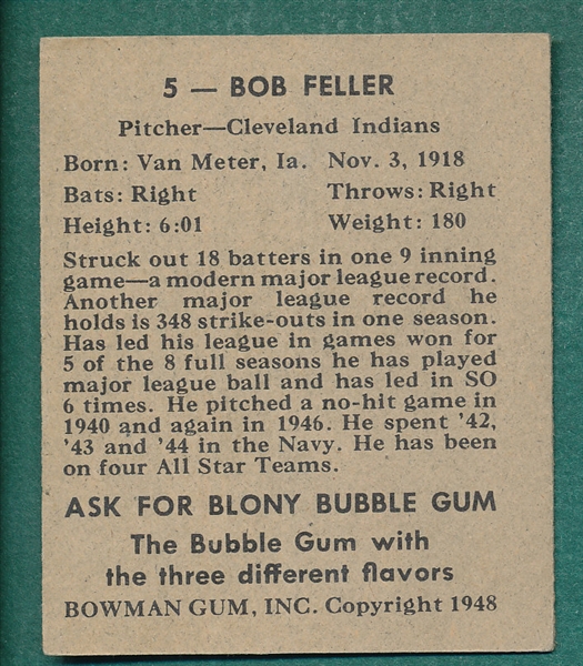 1948 Bowman #5 Bob Feller 