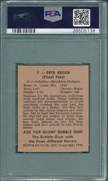 1948 Bowman #7 Pete Reiser PSA 8 *SP*