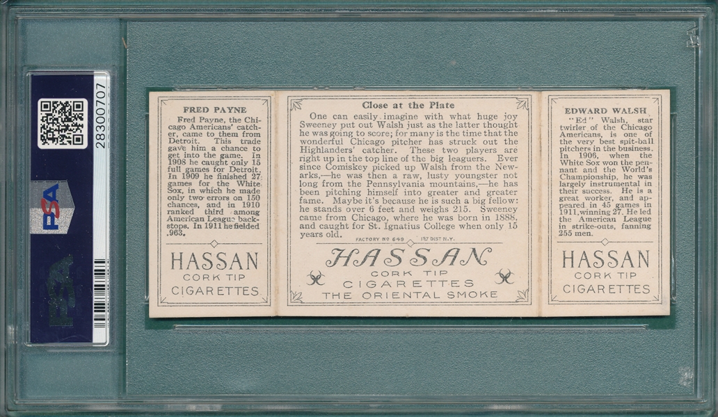 1912 T202 Close At The Plate, Walsh/Payne, Hassan Cigarettes, PSA 7 *Only 3 Graded Higher*