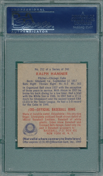 1949 Bowman #212 Ralph Hamner PSA 8