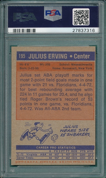 1972 Topps BSKT #195 Julius Erving PSA 8 (OC)