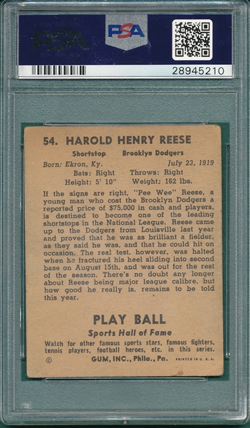 1941 Play Ball #54 Pee Wee Reese PSA 2 *Rookie*