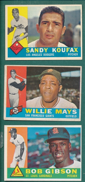 1960 Topps Lot of (3) W/ Gibson, Koufax & Willie Mays