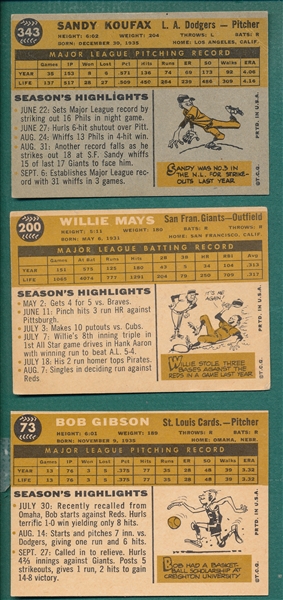 1960 Topps Lot of (3) W/ Gibson, Koufax & Willie Mays