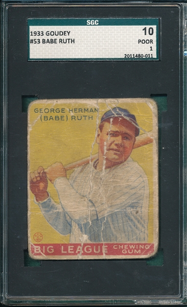 1933 #53 Goudey Babe Ruth SGC 10